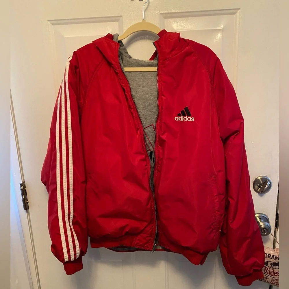 Adidas Reversible Hooded Jacket Vintage Red & Gray – Size Large